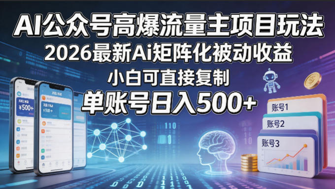 2026 最新 AI 矩阵化被动收益:AI 公众号高爆流量主项目玩法,小白可复制,单账号日入超 500 2026 最新 AI 矩阵化被动收益:AI 公众号高爆流量主项目玩法,小白可复制,单账号日入超 500