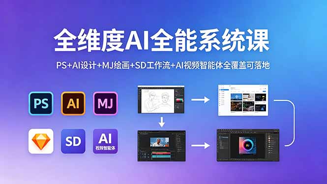 18462 期全维度 AI 全能系统课:涵盖 PS、AI 设计、绘画、工作流及视频智能体,可落地实践 18462 期全维度 AI 全能系统课:涵盖 PS、AI 设计、绘画、工作流及视频智能体,可落地实践